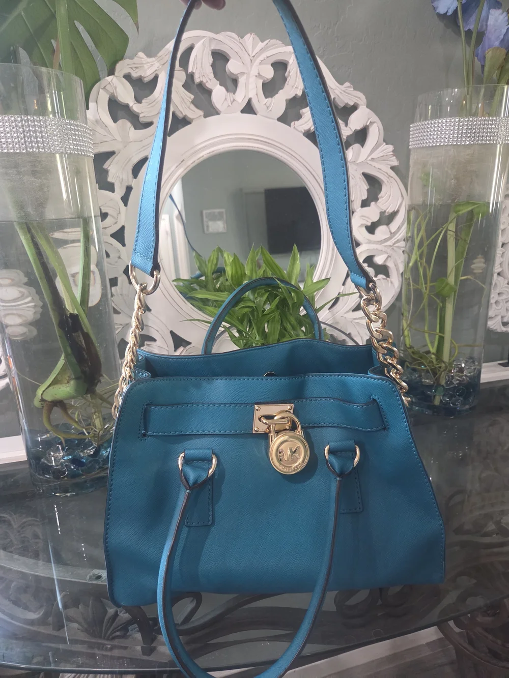Michael Kors Teal Saffiano Leather Shoulder Bag with Gold Hardware